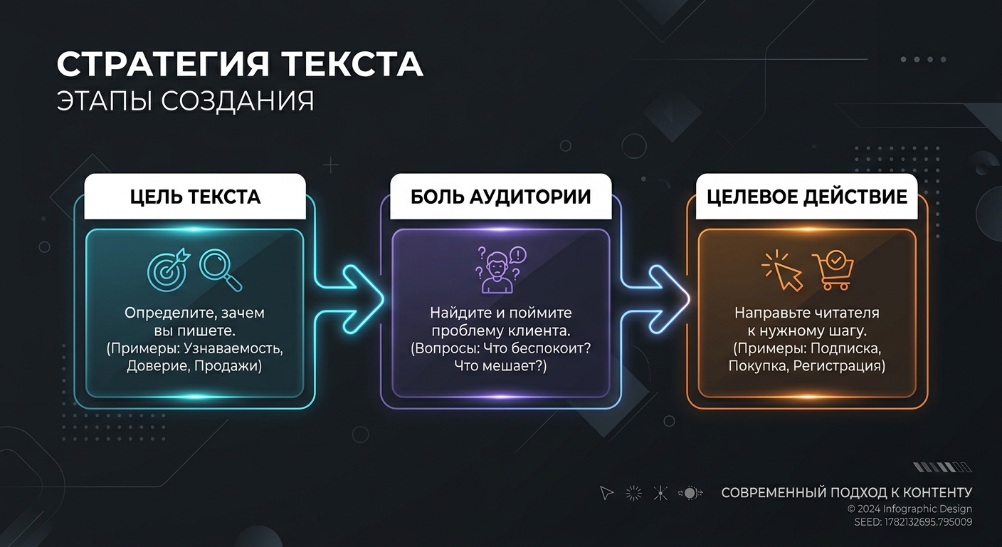 Схема: Цель текста, боль аудитории и целевое действие