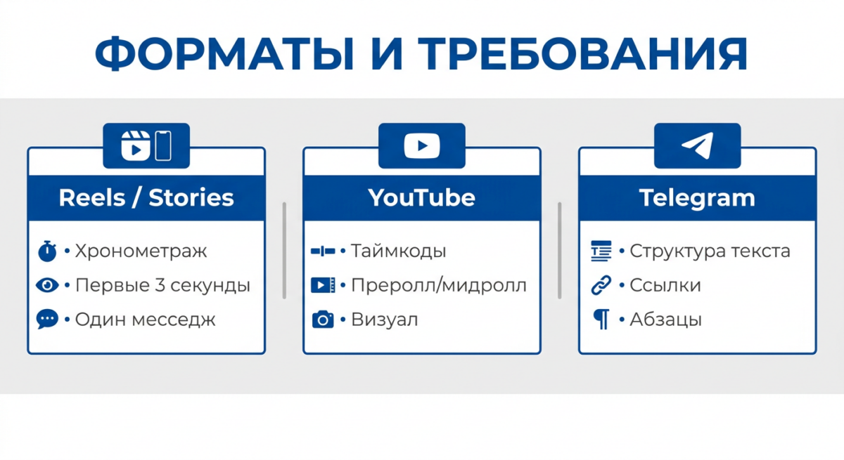 Схема форматов интеграции: Reels, YouTube, Telegram