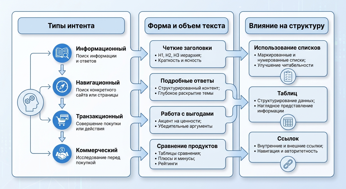 Инфографика типов поискового интента и их влияния на структуру SEO‑текста