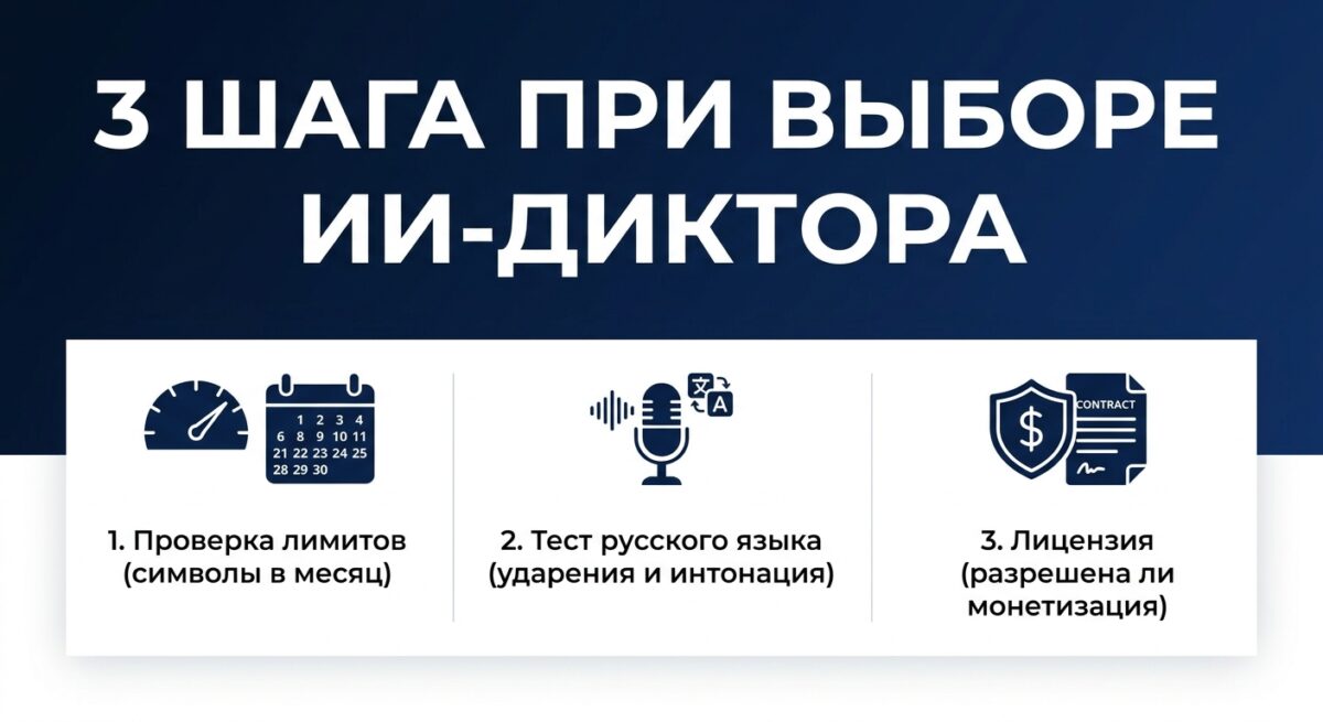 Инфографика: три шага при выборе сервиса для ИИ-озвучки