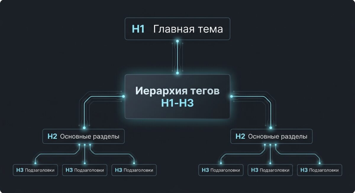 Схема правильной иерархии заголовков от H1 до H3 на странице