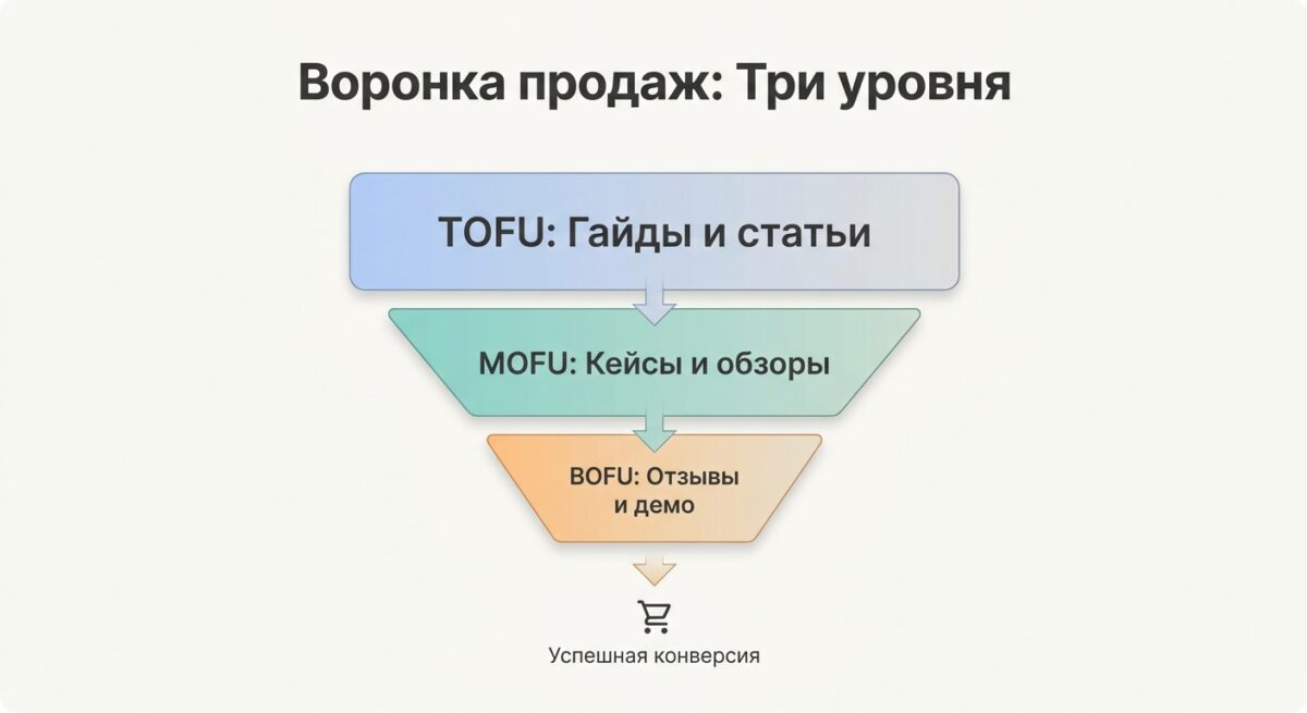 Структура контента под этапы <strong>воронки продаж</strong> TOFU, MOFU, BOFU