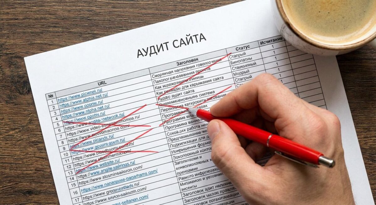 Процесс SEO-аудита распечатанной таблицы с поисковыми запросами