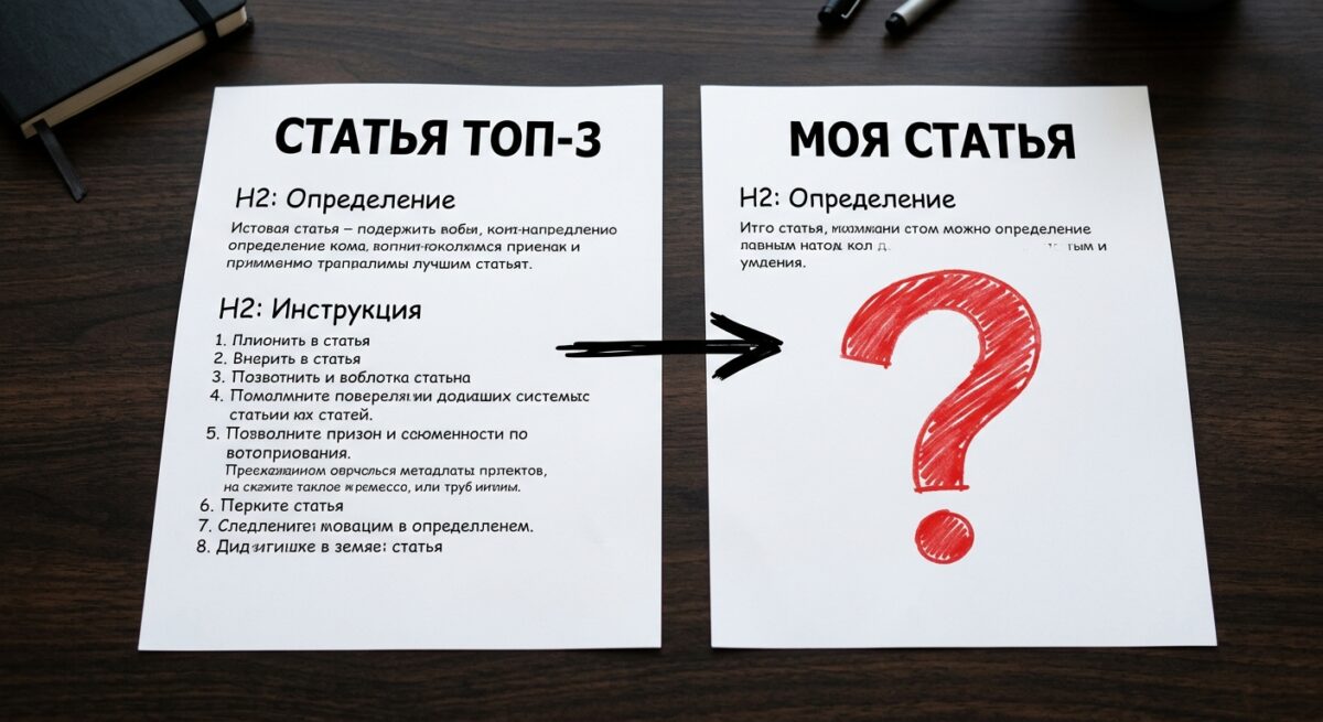 Визуальная 3D-схема сравнения структуры заголовков своей статьи с конкурентами из ТОП-3