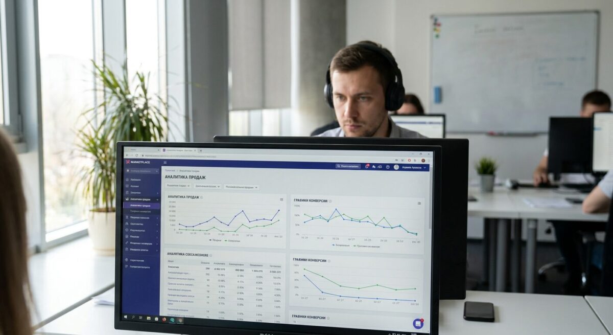 Аналитика продаж и конверсии маркетплейсов на мониторе