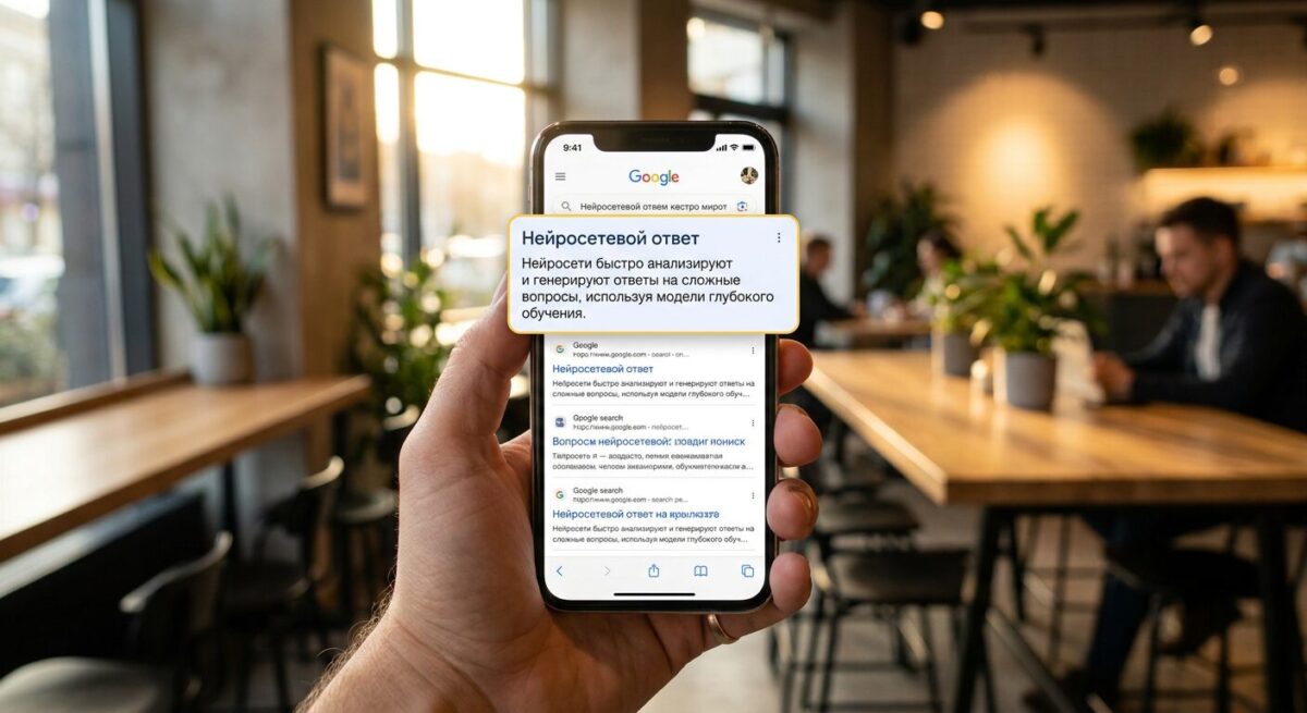 Нейросетевые ответы в поисковой выдаче на экране смартфона