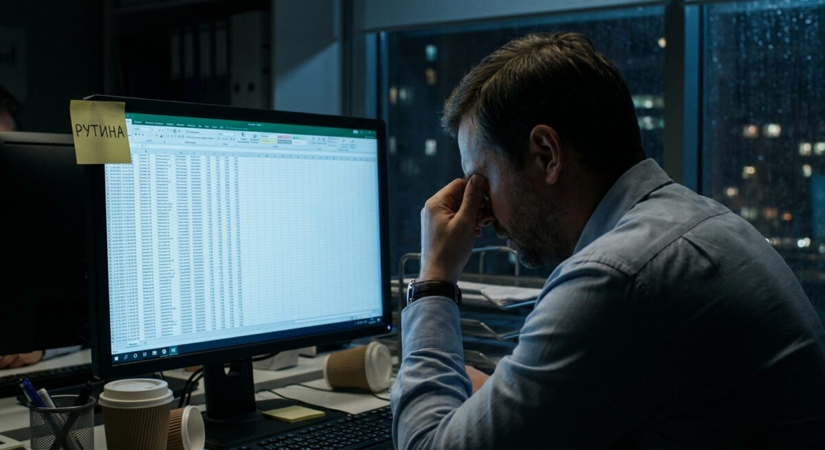Уставший SEO-специалист работает с таблицами вручную