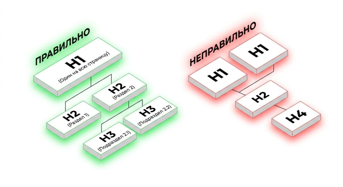 Инфографика, показывающая правильную и неправильную иерархию заголовков H1-H6 для SEO.