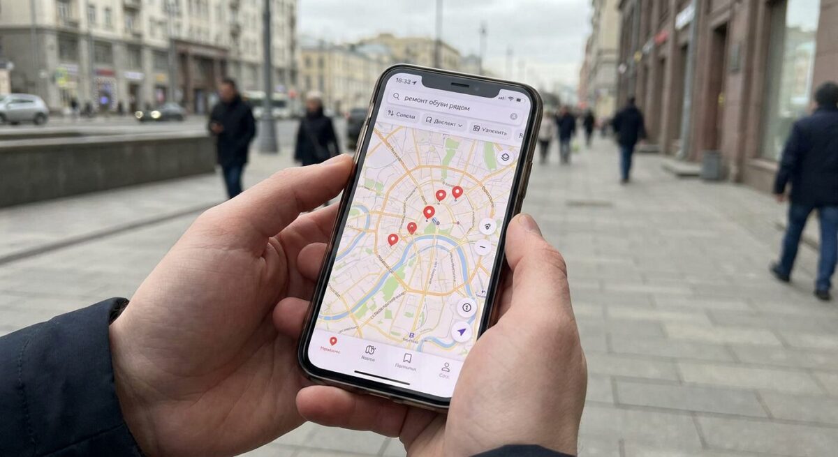 Пользователь ищет услугу 'ремонт обуви рядом' на карте смартфона.