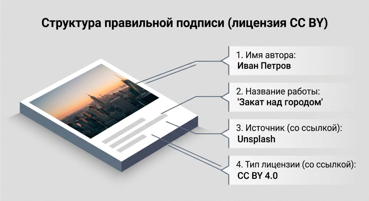 Инфографика, объясняющая, как правильно указывать авторство при использовании контента по лицензии Creative Commons BY