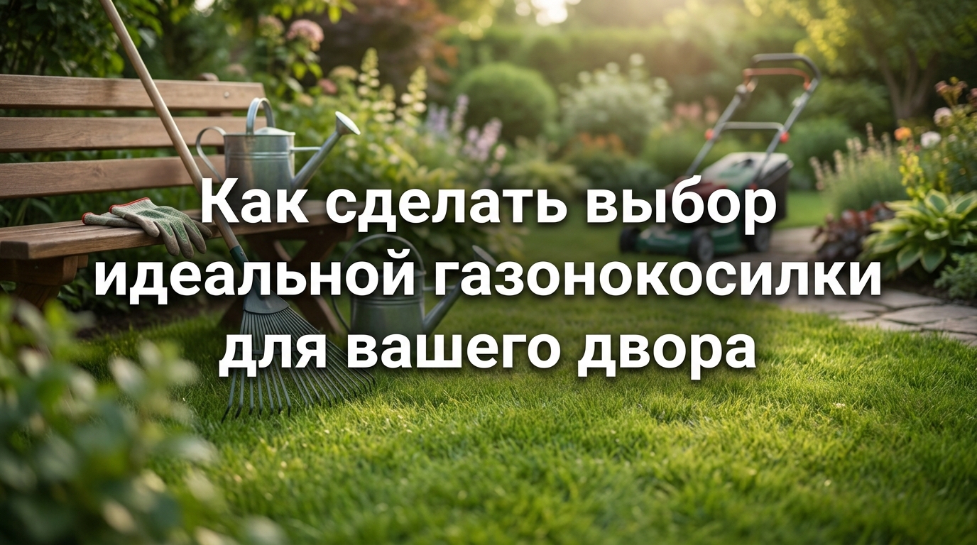 Обложка статьи с текстом 'Как сделать выбор идеальной газонокосилки для вашего двора', изображение лужайки и садовых инструментов