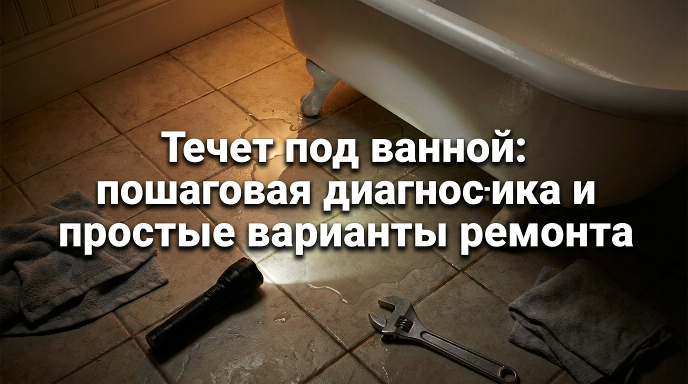 Обложка статьи - лужа воды под ванной, подсвеченная фонариком, с инструментами для ремонта на кафельном полу