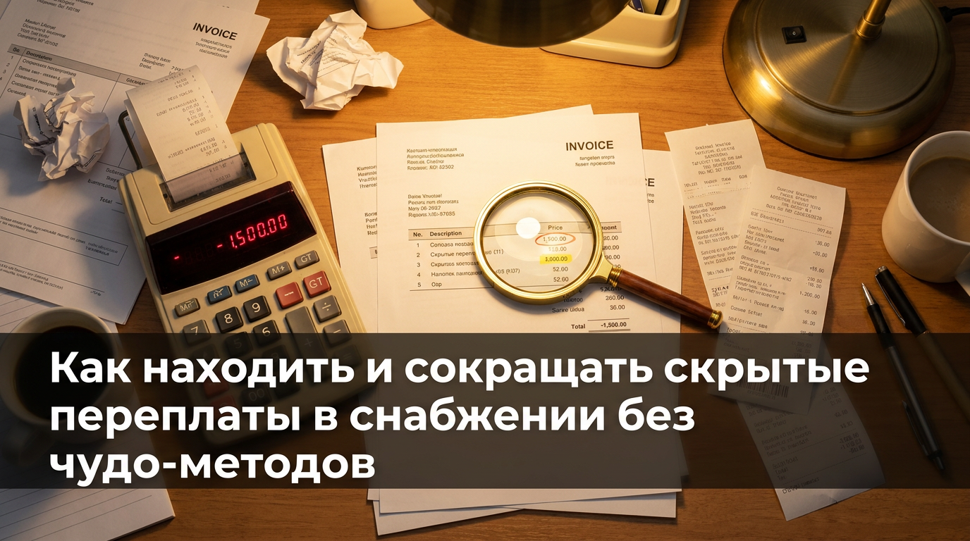 Обложка статьи о поиске скрытых переплат в снабжении - рабочий стол с документами и лупой